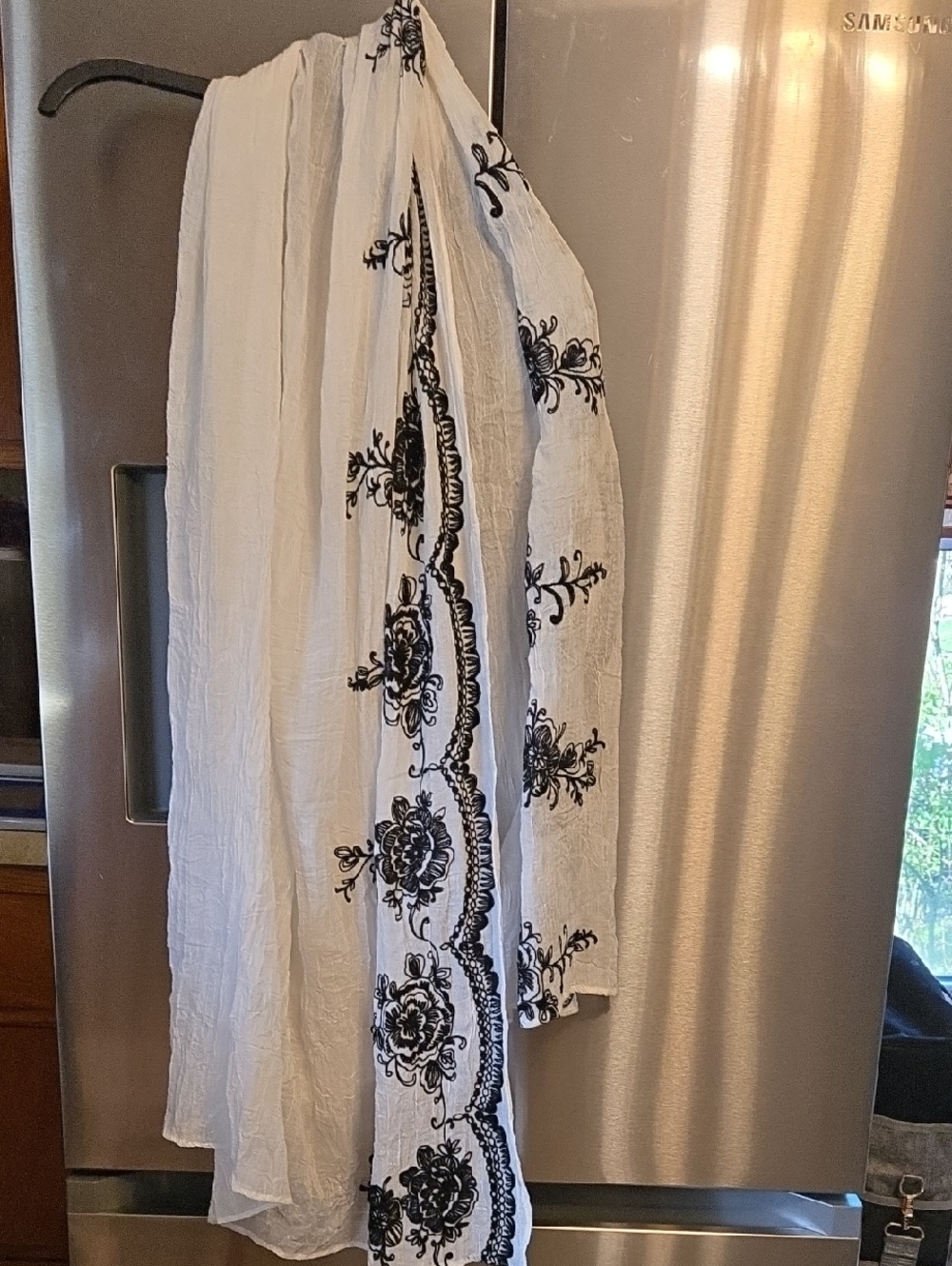 White Scarf with Black Floral Embroidery